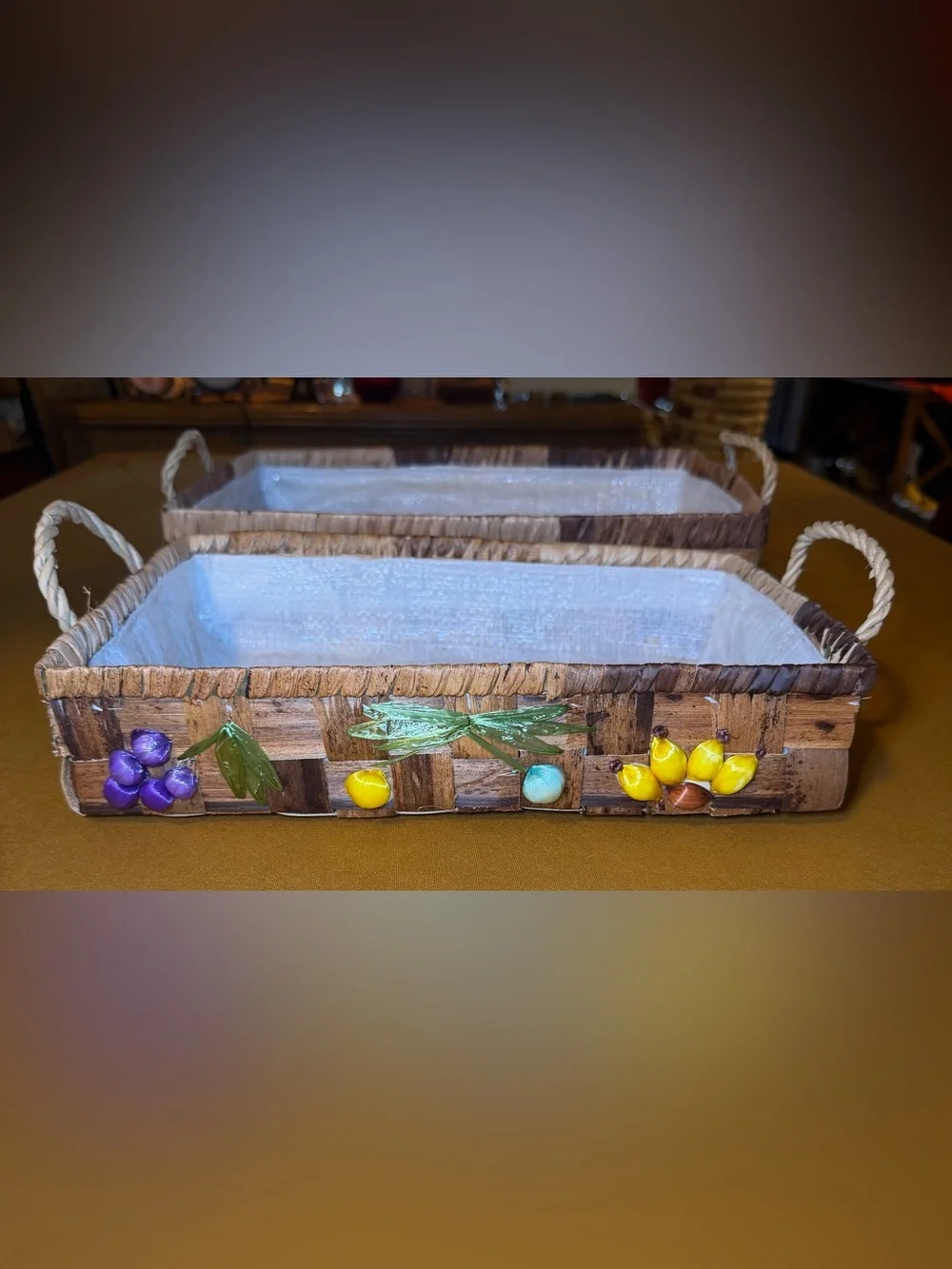 Vtg 70s Raffia Fruit Casserole Baskets Set of 3 Philippines Boho